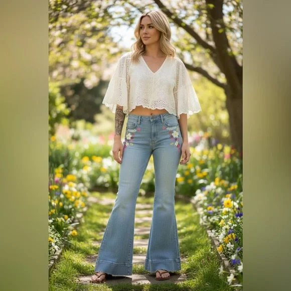 Alice + Olivia "Beautiful" High-Rise Bell Bottom Jeans - Floral Embroidered NWT - Picture 3 of 16